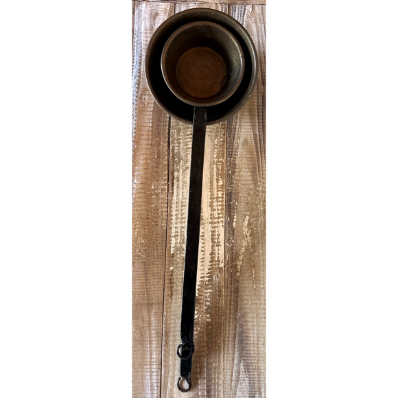 Set 2 Vintage Brass Copper Fireplace Pots Ladles Long Iron Handle Dipper Scoop - Picture 2 of 4